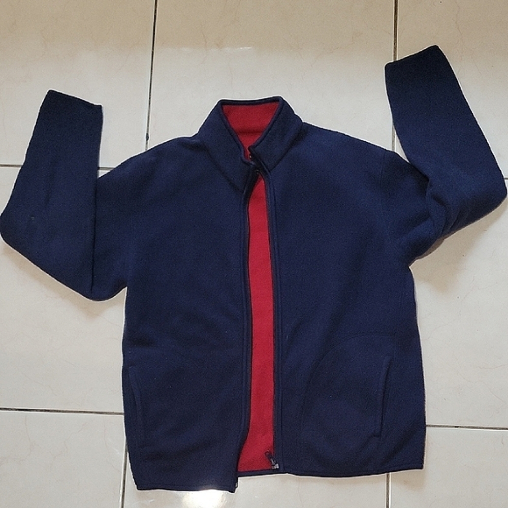 Men's Navy Blue  And Red Zip-Up Sweater Reversible Size L Y2K